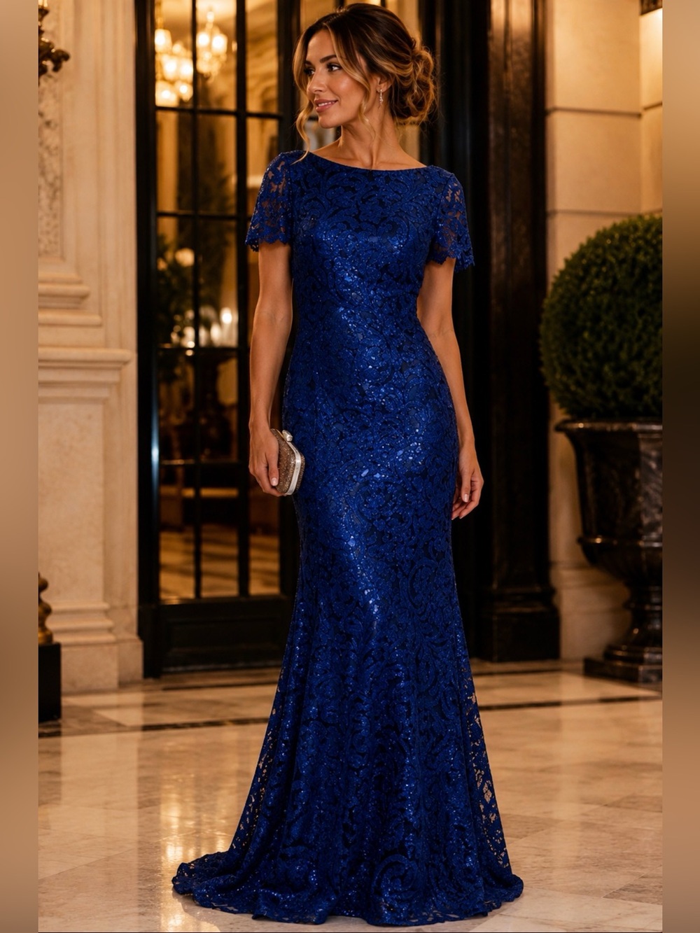 Marchesa Notte Cobalt Blue Metallic Lace Sequin Evening Gown NWT Size 4
